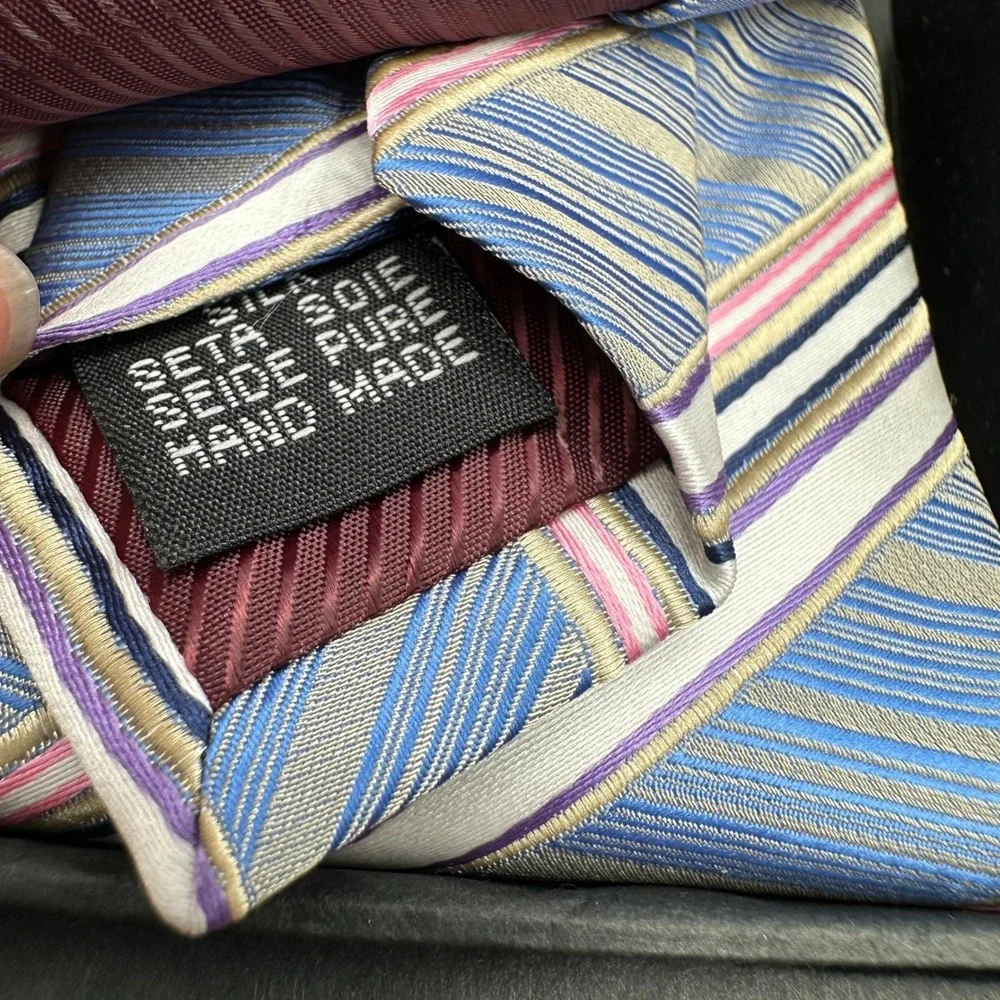 Handmade Italian 100% Silk Tie Set Blue Stripe Necktie Cufflinks Tie Clip Square